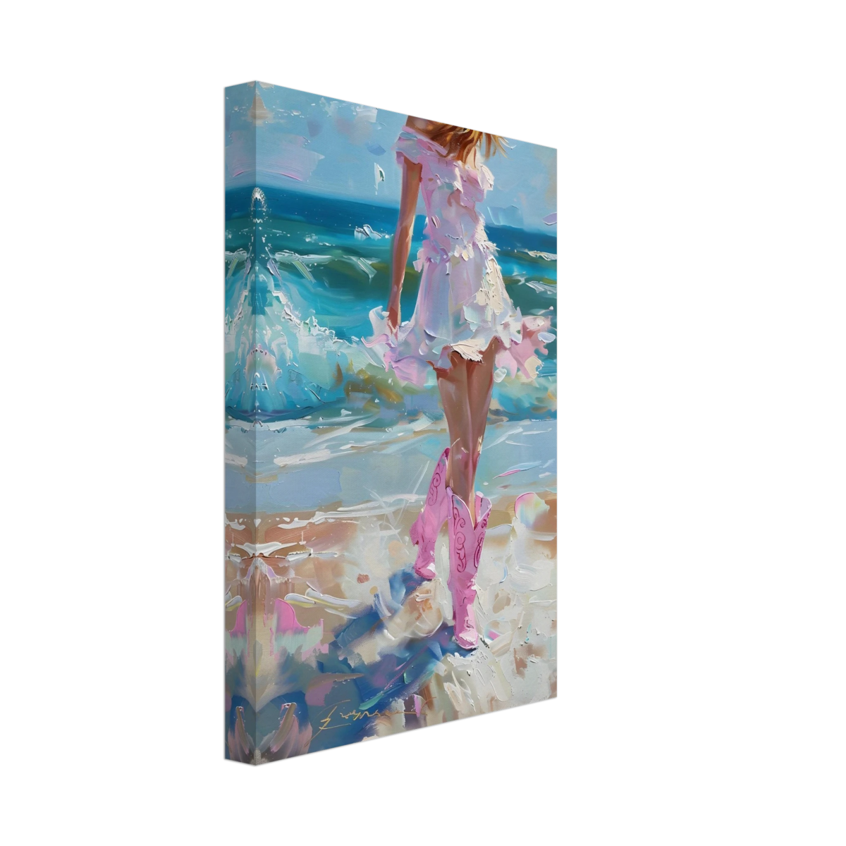 "Seaside Sass" – Pink Boots & Ocean Breeze | Wall Art Print - Canvas - 20x30 cm / 8x12″ - 