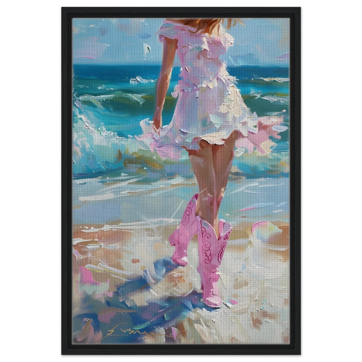 "Seaside Sass" – Pink Boots & Ocean Breeze | Wall Art Print - Framed Canvas - 50x75 cm / 20x30″ - Black frame