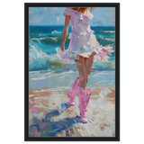 "Seaside Sass" – Pink Boots & Ocean Breeze | Wall Art Print - Framed Canvas - 50x75 cm / 20x30″ - Black frame