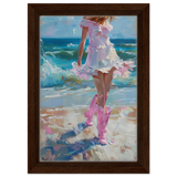 "Seaside Sass" – Pink Boots & Ocean Breeze | Wall Art Print - Framed Canvas - 20x30 cm / 8x12″ - Dark wood frame