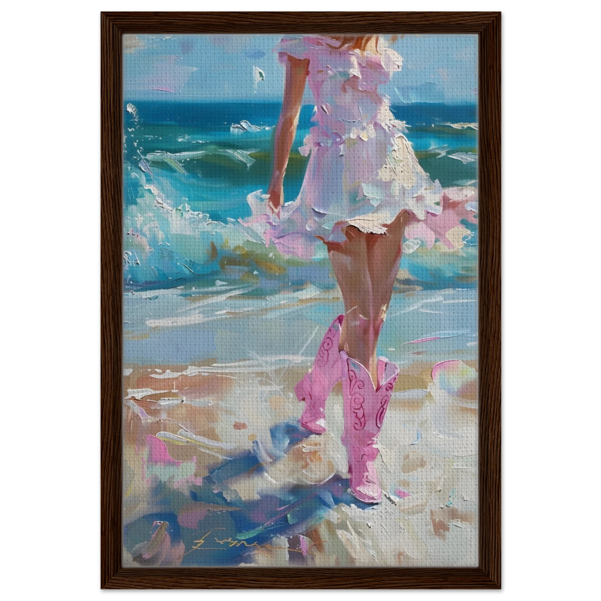"Seaside Sass" – Pink Boots & Ocean Breeze | Wall Art Print - Framed Canvas - 40x60 cm / 16x24″ - Dark wood frame