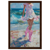 "Seaside Sass" – Pink Boots & Ocean Breeze | Wall Art Print - Framed Canvas - 40x60 cm / 16x24″ - Dark wood frame