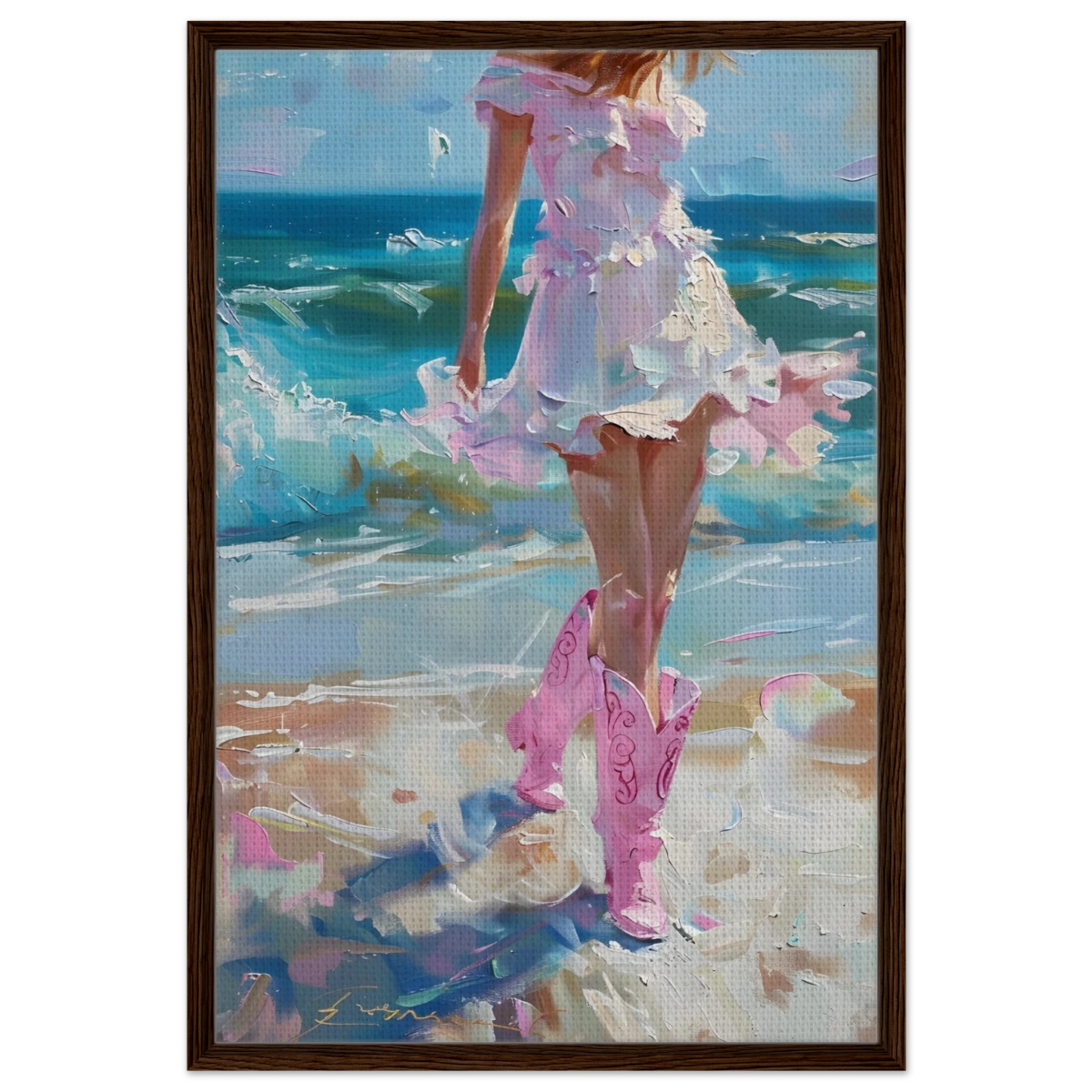 "Seaside Sass" – Pink Boots & Ocean Breeze | Wall Art Print - Framed Canvas - 60x90 cm / 24x36″ - Dark wood frame
