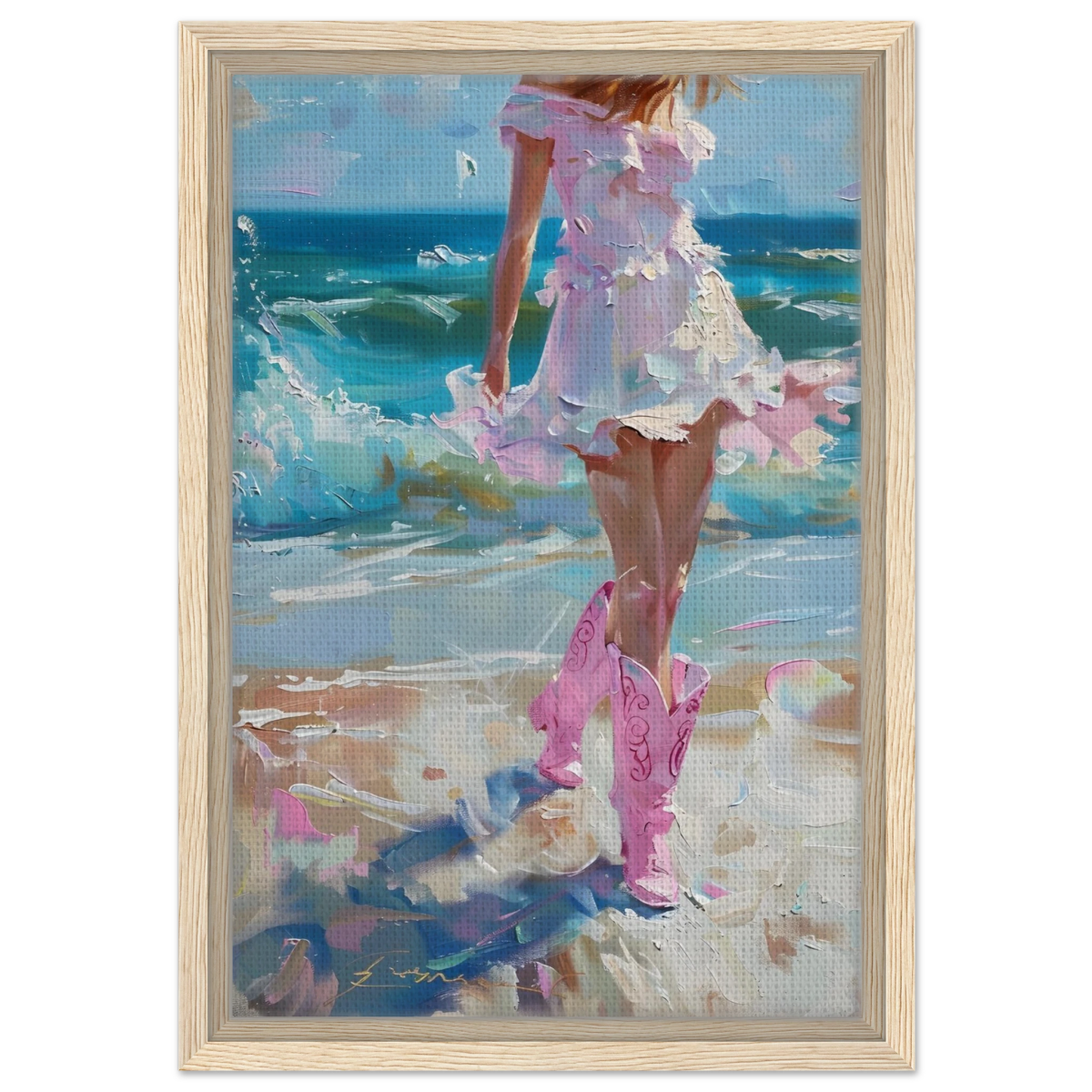 "Seaside Sass" – Pink Boots & Ocean Breeze | Wall Art Print - Framed Canvas - 30x45 cm / 12x18″ - Wood frame