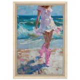 "Seaside Sass" – Pink Boots & Ocean Breeze | Wall Art Print - Framed Canvas - 30x45 cm / 12x18″ - Wood frame