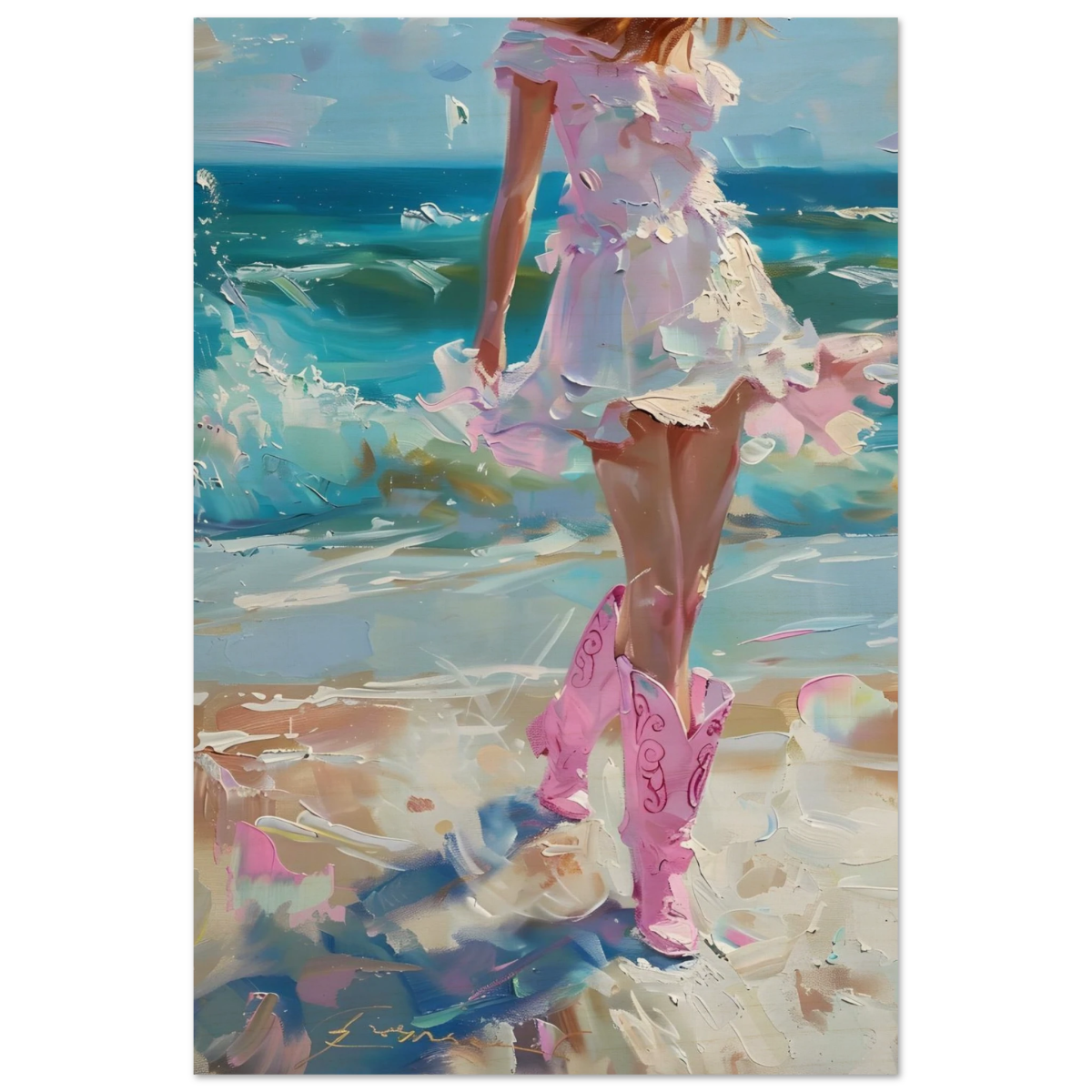 "Seaside Sass" – Pink Boots & Ocean Breeze | Wall Art Print - Wood Prints - 50x75 cm / 20x30″ - 