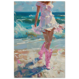"Seaside Sass" – Pink Boots & Ocean Breeze | Wall Art Print - Wood Prints - 50x75 cm / 20x30″ - 