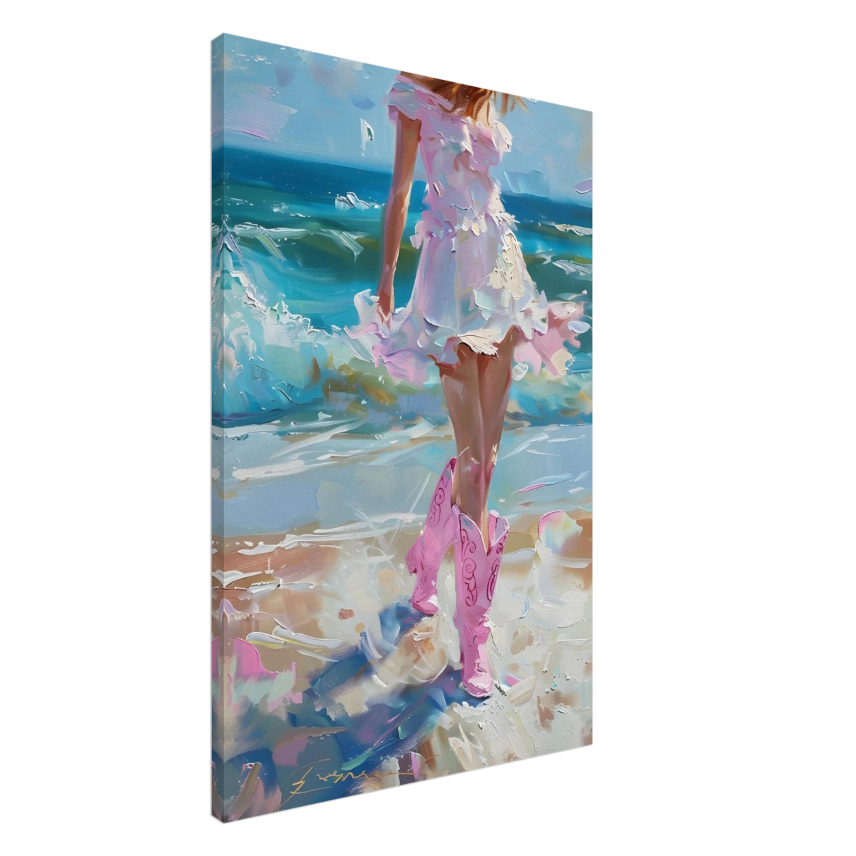 "Seaside Sass" – Pink Boots & Ocean Breeze | Wall Art Print - Canvas - 60x90 cm / 24x36″ - 