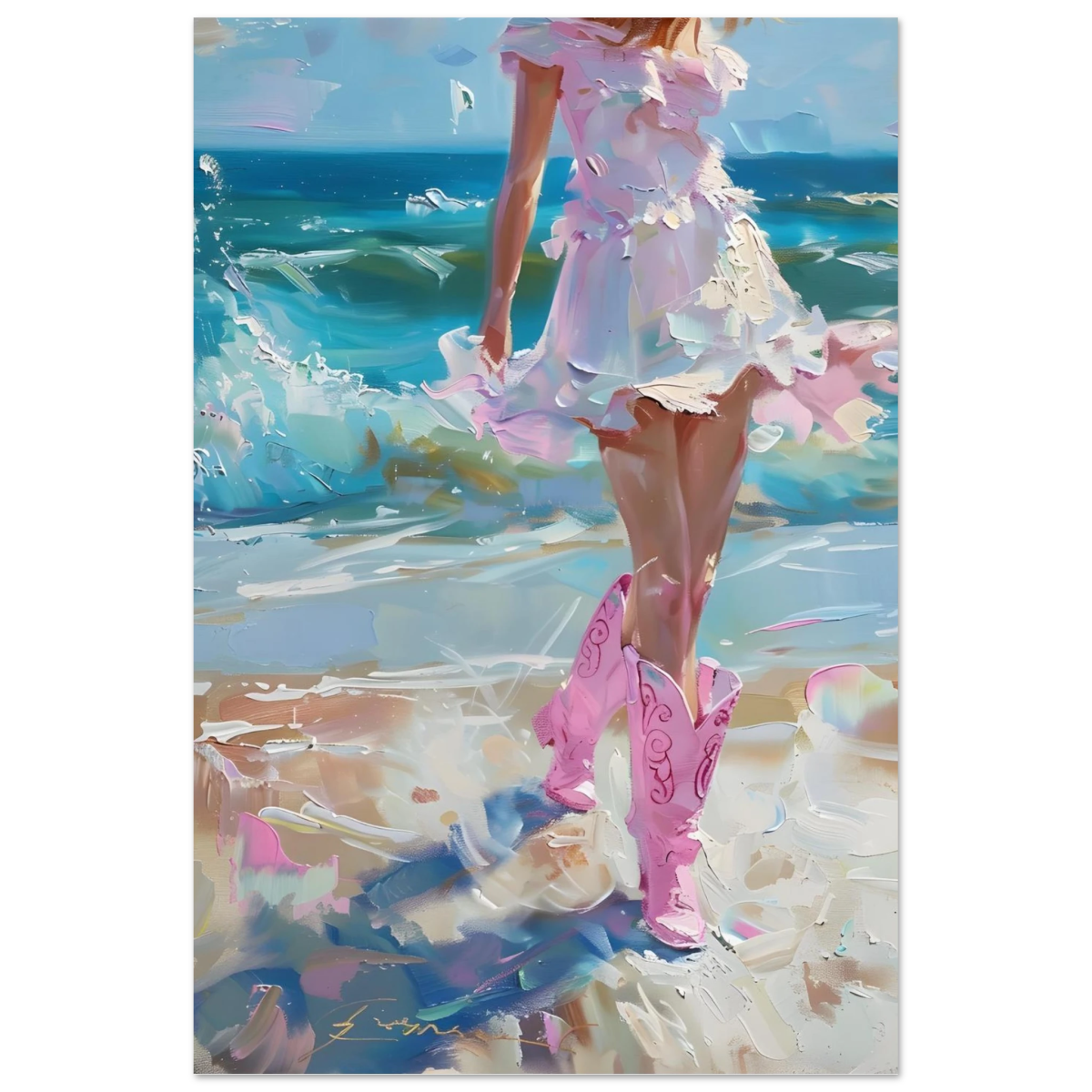 "Seaside Sass" – Pink Boots & Ocean Breeze | Wall Art Print - Fine Art Poster - 40x60 cm / 16x24″ - 