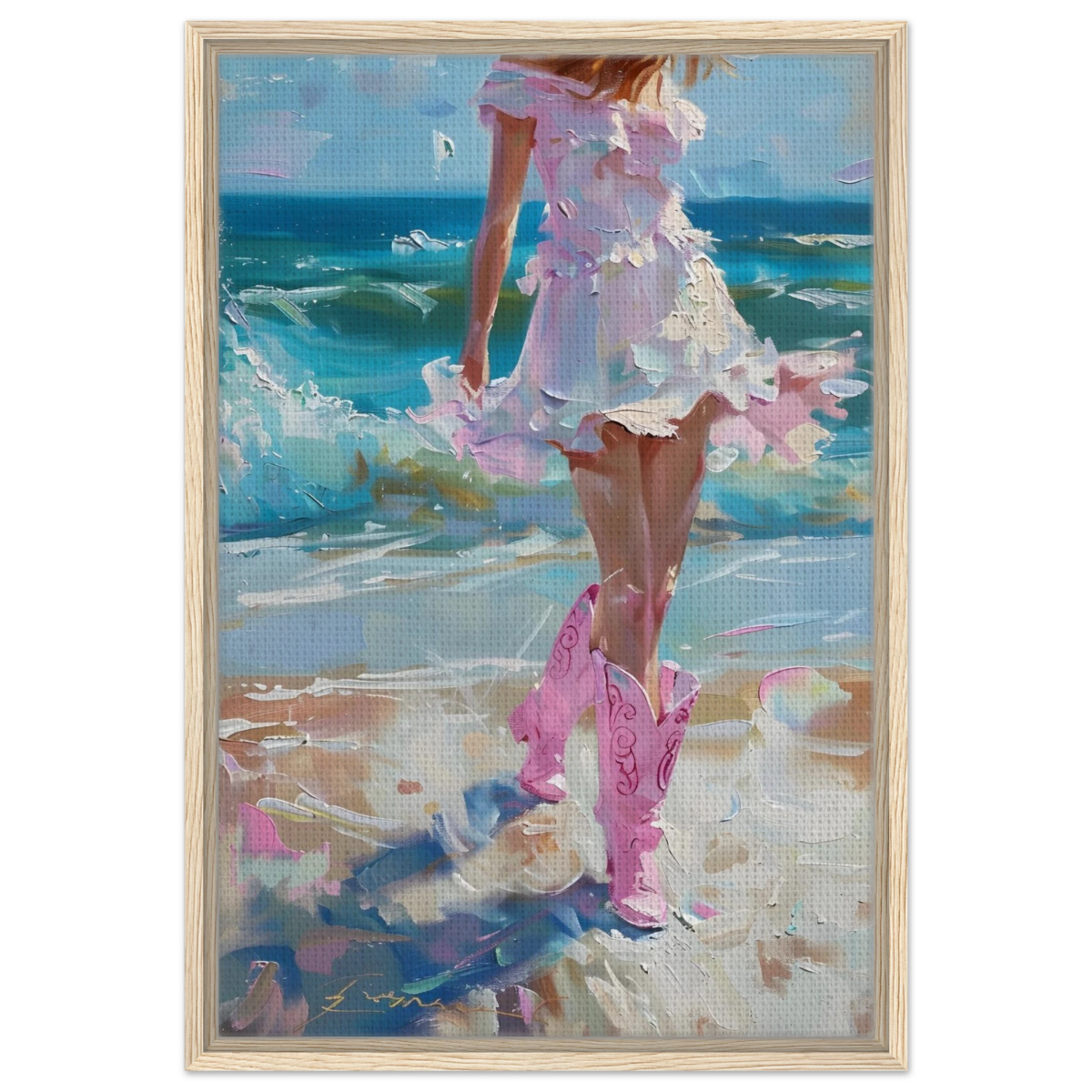 "Seaside Sass" – Pink Boots & Ocean Breeze | Wall Art Print - Framed Canvas - 50x75 cm / 20x30″ - Wood frame