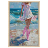 "Seaside Sass" – Pink Boots & Ocean Breeze | Wall Art Print - Framed Canvas - 50x75 cm / 20x30″ - Wood frame