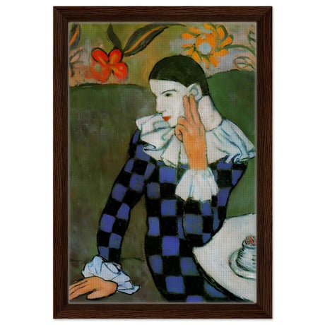 Seated Harlequin by Pablo Picasso | Cubism wall art print | Post impressionism - Framed Canvas - 30x45 cm / 12x18″ - Dark wood frame