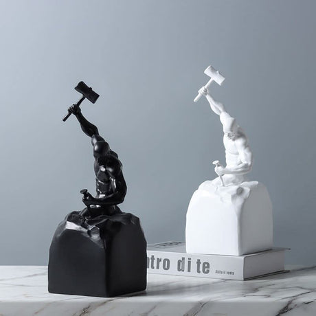 Self - Made Man Resin Sculpture – Inspirational Hammer & Chisel Figurine (Black & White) - Black - 