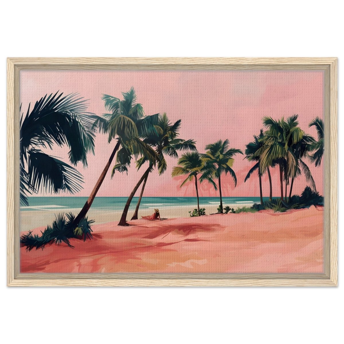 Serenity by the Pink Shore | Contemporary Tropical Landscape Art - Framed Canvas - 40x60 cm / 16x24″ - Wood frame