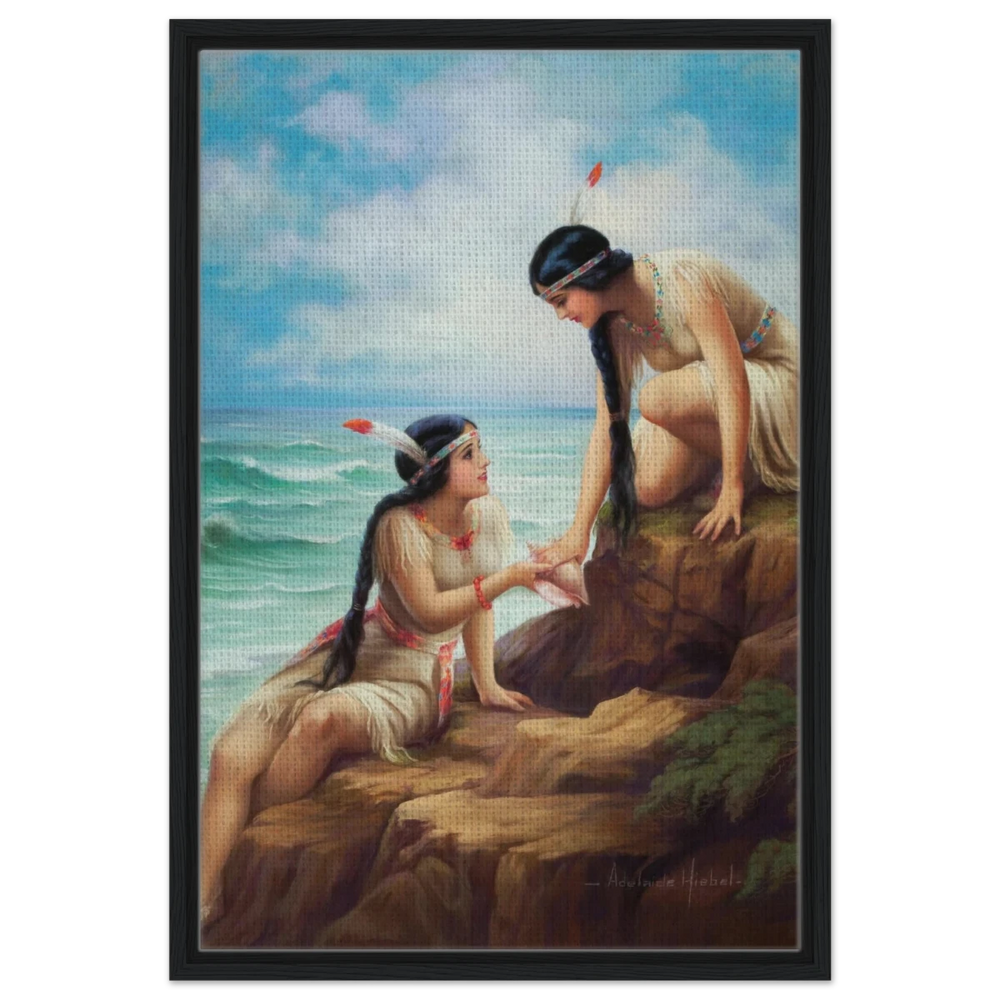 "Shores of Sisterhood" – Vintage Figurative Painting by Adelaide Hiebel | Classic Romantic Wall Art Print - Framed Canvas - 50x75 cm / 20x30″ - Black frame