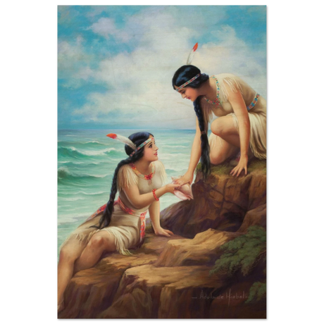 "Shores of Sisterhood" – Vintage Figurative Painting by Adelaide Hiebel | Classic Romantic Wall Art Print - Wood Prints - 30x45 cm / 12x18″ - 