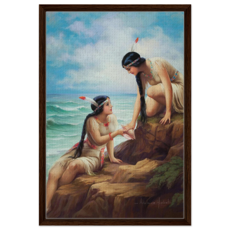 "Shores of Sisterhood" – Vintage Figurative Painting by Adelaide Hiebel | Classic Romantic Wall Art Print - Framed Canvas - 50x75 cm / 20x30″ - Dark wood frame