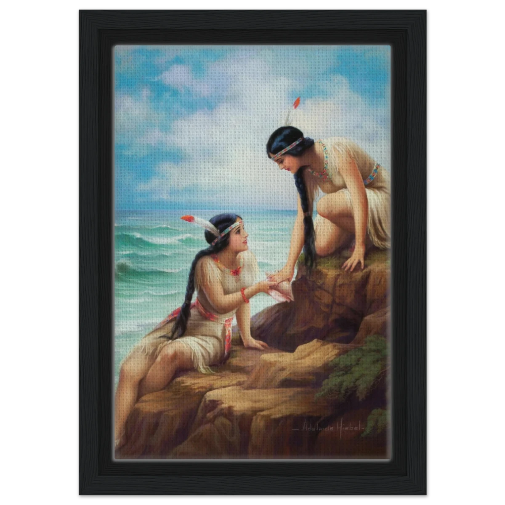 "Shores of Sisterhood" – Vintage Figurative Painting by Adelaide Hiebel | Classic Romantic Wall Art Print - Framed Canvas - 20x30 cm / 8x12″ - Black frame