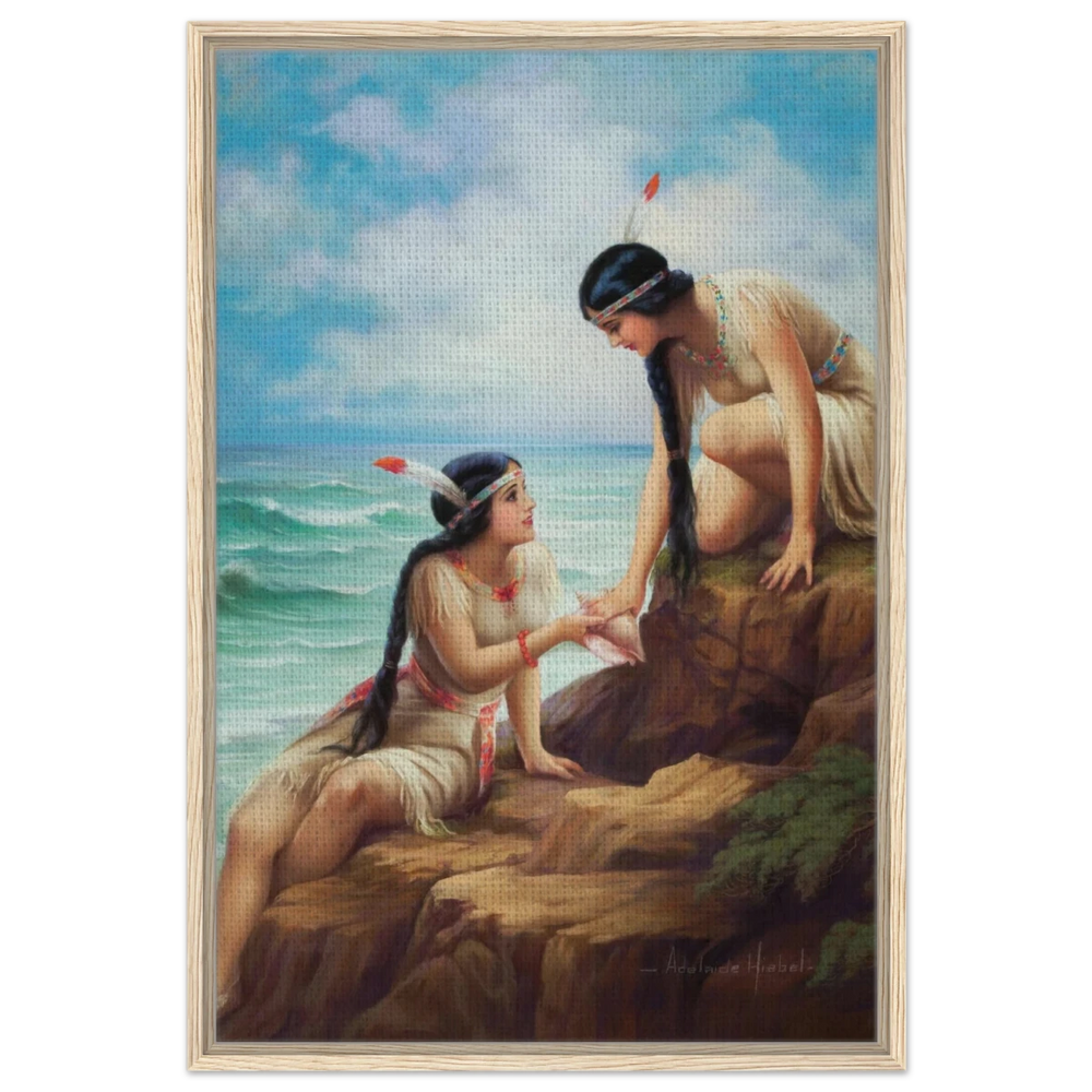 "Shores of Sisterhood" – Vintage Figurative Painting by Adelaide Hiebel | Classic Romantic Wall Art Print - Framed Canvas - 60x90 cm / 24x36″ - Wood frame