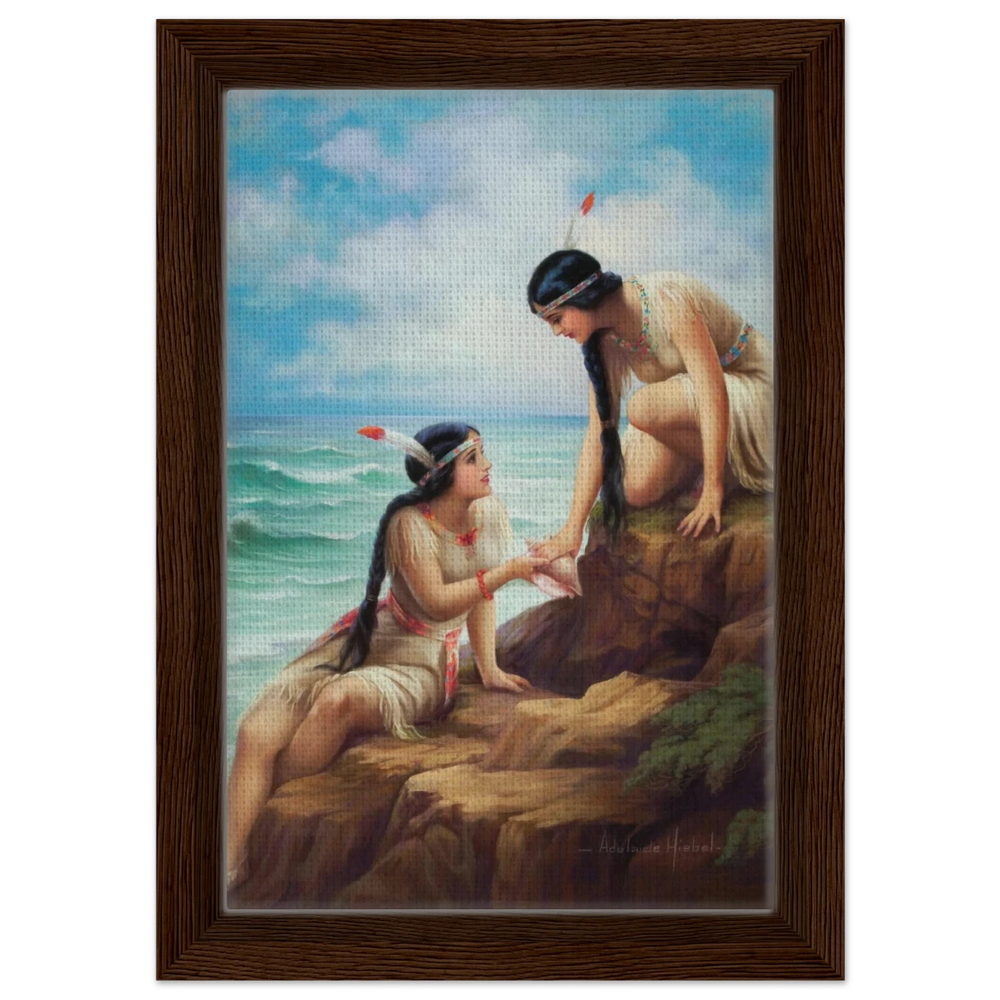 "Shores of Sisterhood" – Vintage Figurative Painting by Adelaide Hiebel | Classic Romantic Wall Art Print - Framed Canvas - 20x30 cm / 8x12″ - Dark wood frame