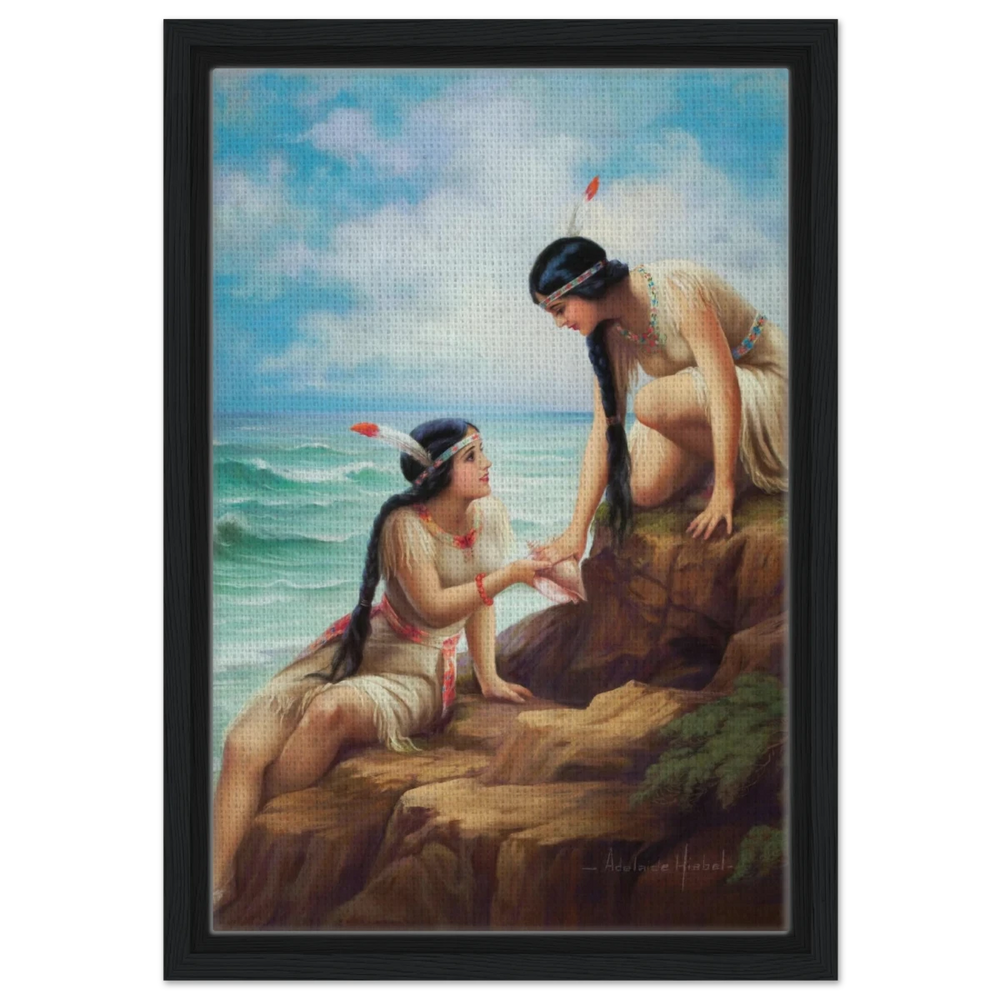 "Shores of Sisterhood" – Vintage Figurative Painting by Adelaide Hiebel | Classic Romantic Wall Art Print - Framed Canvas - 30x45 cm / 12x18″ - Black frame