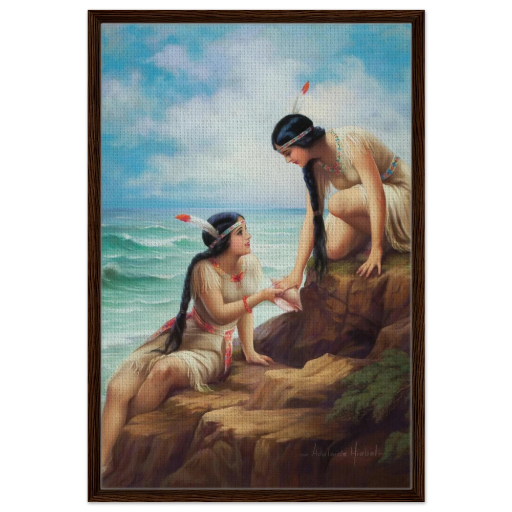 "Shores of Sisterhood" – Vintage Figurative Painting by Adelaide Hiebel | Classic Romantic Wall Art Print - Framed Canvas - 60x90 cm / 24x36″ - Dark wood frame