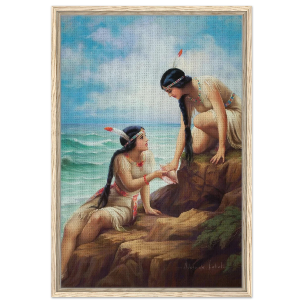 "Shores of Sisterhood" – Vintage Figurative Painting by Adelaide Hiebel | Classic Romantic Wall Art Print - Framed Canvas - 50x75 cm / 20x30″ - Wood frame