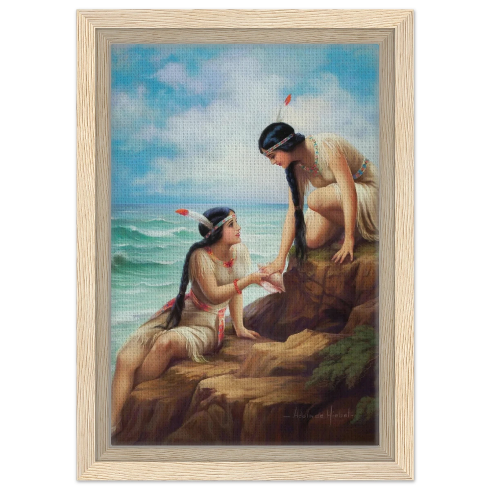 "Shores of Sisterhood" – Vintage Figurative Painting by Adelaide Hiebel | Classic Romantic Wall Art Print - Framed Canvas - 20x30 cm / 8x12″ - Wood frame