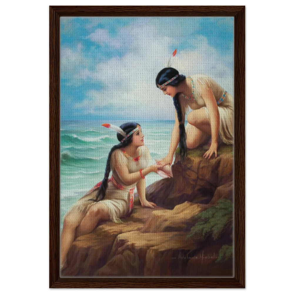 "Shores of Sisterhood" – Vintage Figurative Painting by Adelaide Hiebel | Classic Romantic Wall Art Print - Framed Canvas - 40x60 cm / 16x24″ - Dark wood frame