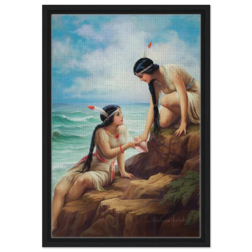 "Shores of Sisterhood" – Vintage Figurative Painting by Adelaide Hiebel | Classic Romantic Wall Art Print - Framed Canvas - 40x60 cm / 16x24″ - Black frame