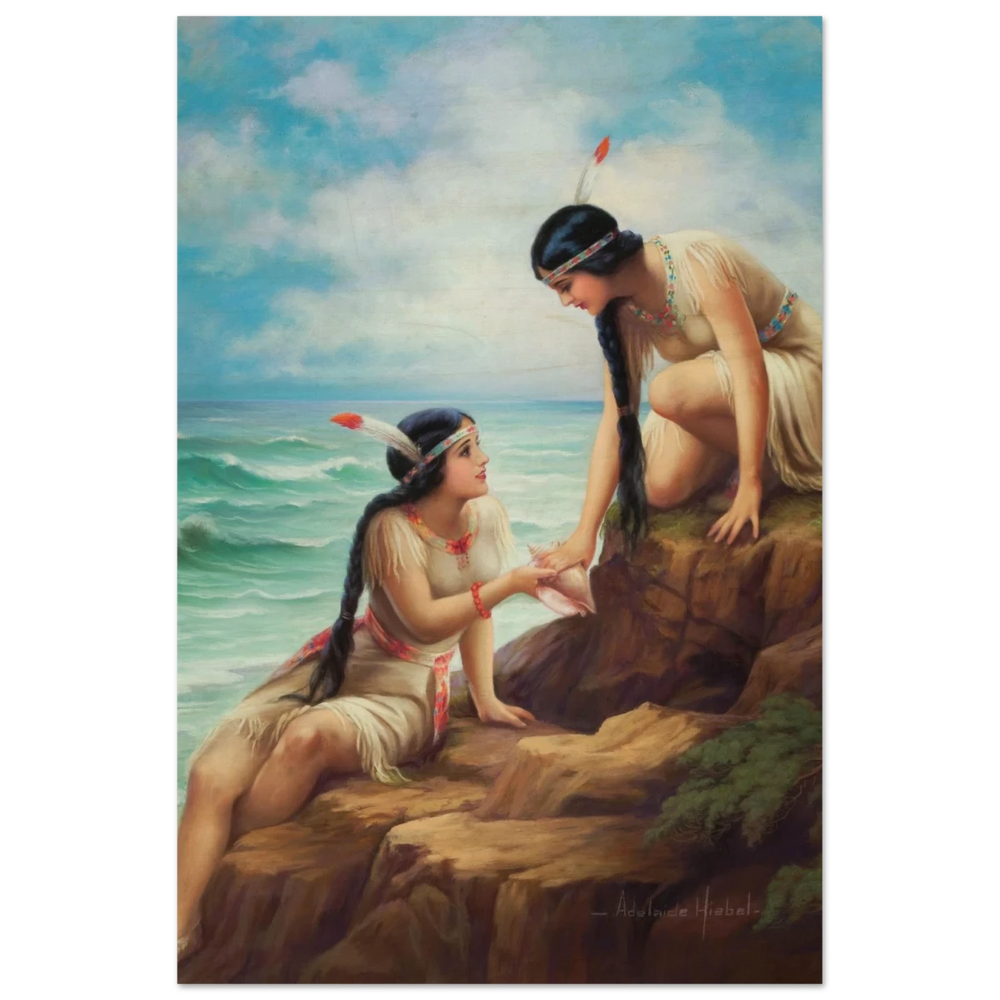 "Shores of Sisterhood" – Vintage Figurative Painting by Adelaide Hiebel | Classic Romantic Wall Art Print - Wood Prints - 60x90 cm / 24x36″ - 