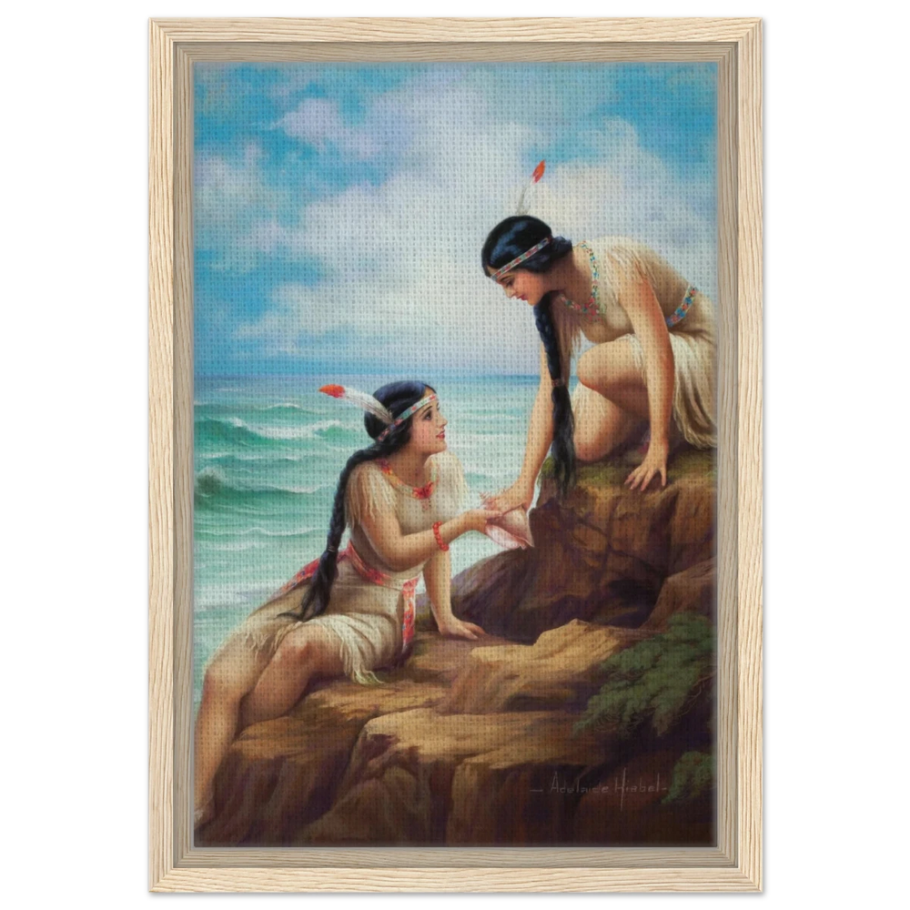 "Shores of Sisterhood" – Vintage Figurative Painting by Adelaide Hiebel | Classic Romantic Wall Art Print - Framed Canvas - 30x45 cm / 12x18″ - Wood frame