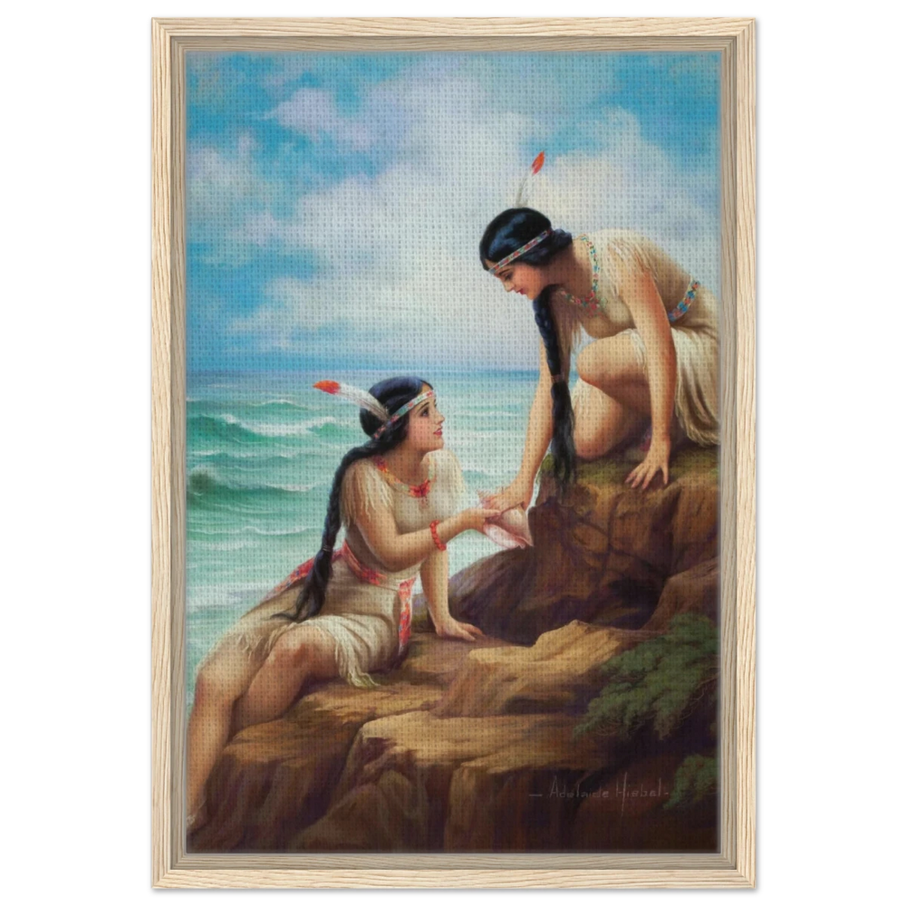"Shores of Sisterhood" – Vintage Figurative Painting by Adelaide Hiebel | Classic Romantic Wall Art Print - Framed Canvas - 40x60 cm / 16x24″ - Wood frame