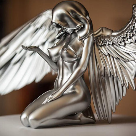 Silver Angel Wings Resin Sculpture – Modern Indoor Decorative Ornament - 9.6 x 8.5 x 20cm - Silver - 