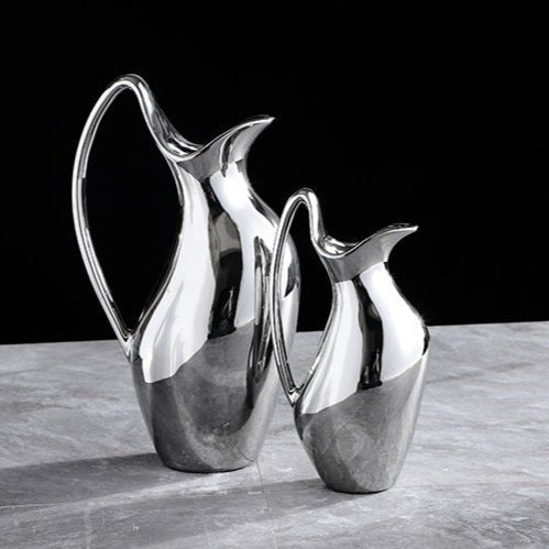 Silver Ceramic Modern Vase Collection – Abstract Pot - Shaped Design - Large - 