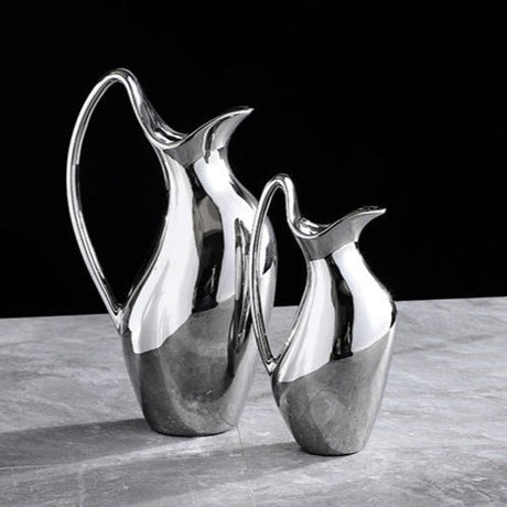 Silver Ceramic Modern Vase Collection – Abstract Pot - Shaped Design - Large - 