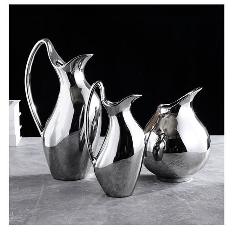 Silver Ceramic Modern Vase Collection – Abstract Pot - Shaped Design - Large - 