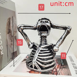 Skeleton Bust Sculpture – Modern Gothic Resin Art - 17x15x11cm - Metallic Silver - 