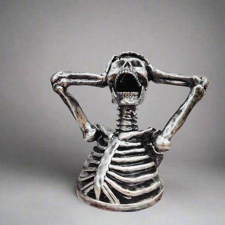 Skeleton Bust Sculpture – Modern Gothic Resin Art - 17x15x11cm - Metallic Silver - 