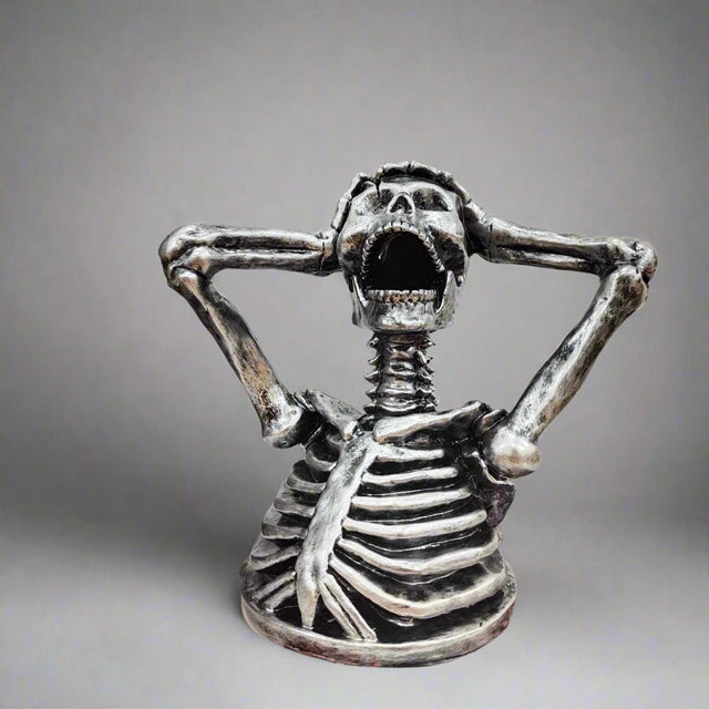 Skeleton Bust Sculpture – Modern Gothic Resin Art - 17x15x11cm - Metallic Silver - 