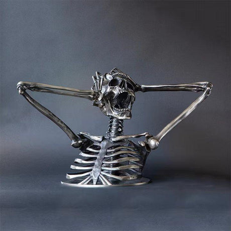 Skeleton Bust Sculpture – Modern Gothic Resin Art - 17x15x11cm - Metallic Silver - 