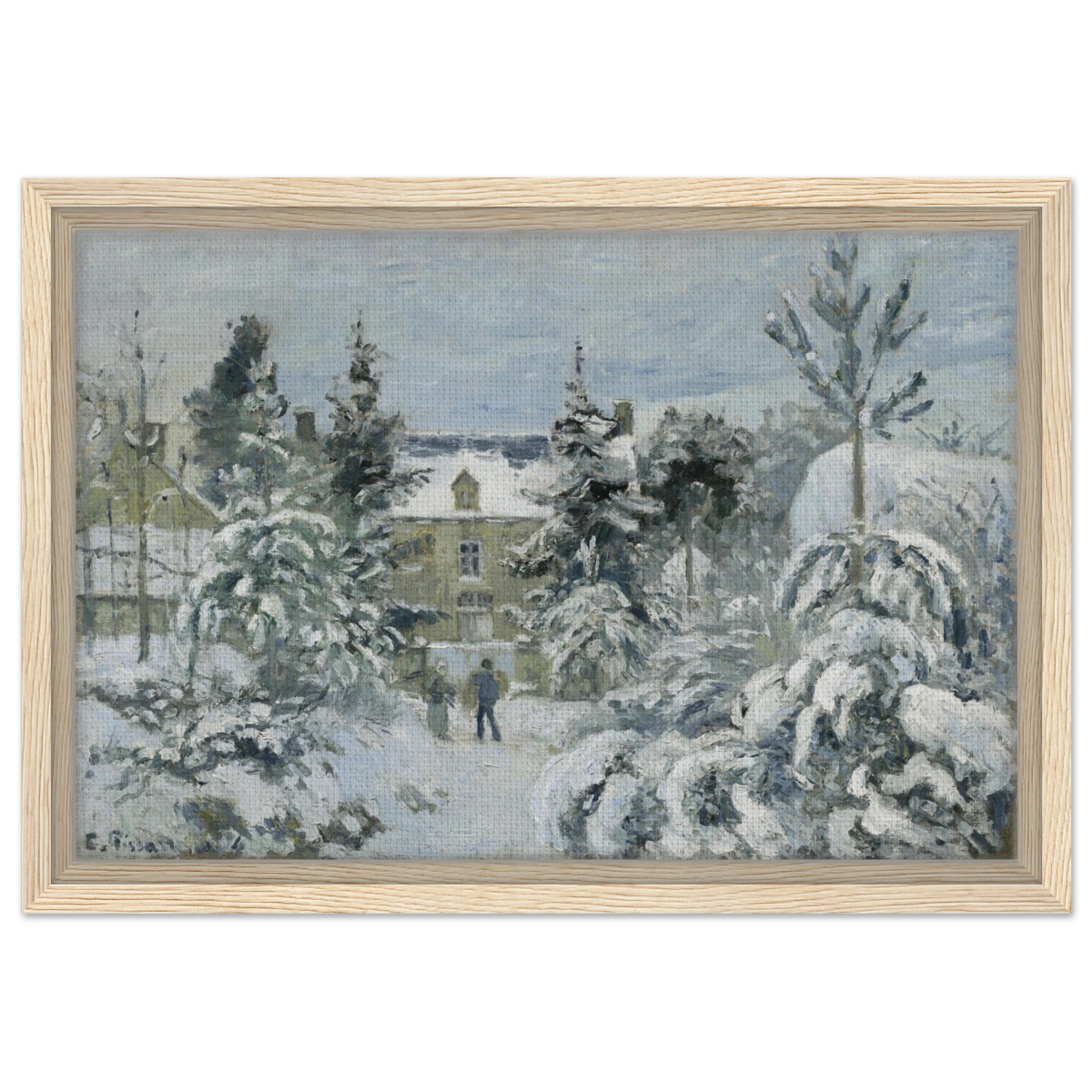 Snow at Éragny – Winter Impressionist Wall Art Print by Camille Pissarro - Framed Canvas - 30x45 cm / 12x18″ - Wood frame