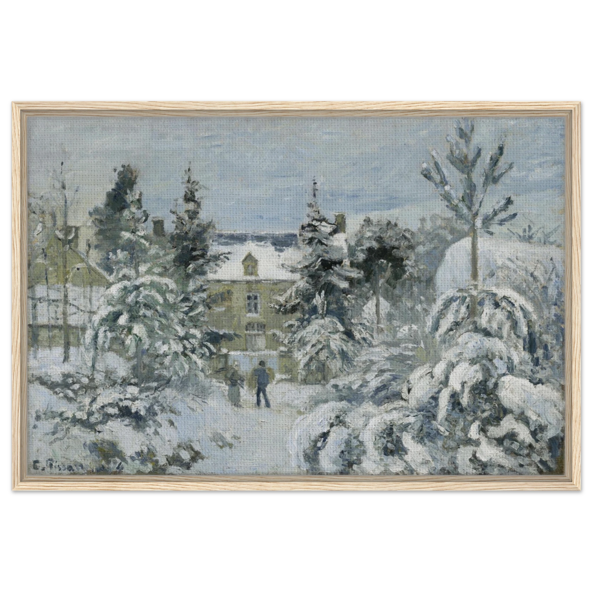 Snow at Éragny – Winter Impressionist Wall Art Print by Camille Pissarro - Framed Canvas - 60x90 cm / 24x36″ - Wood frame