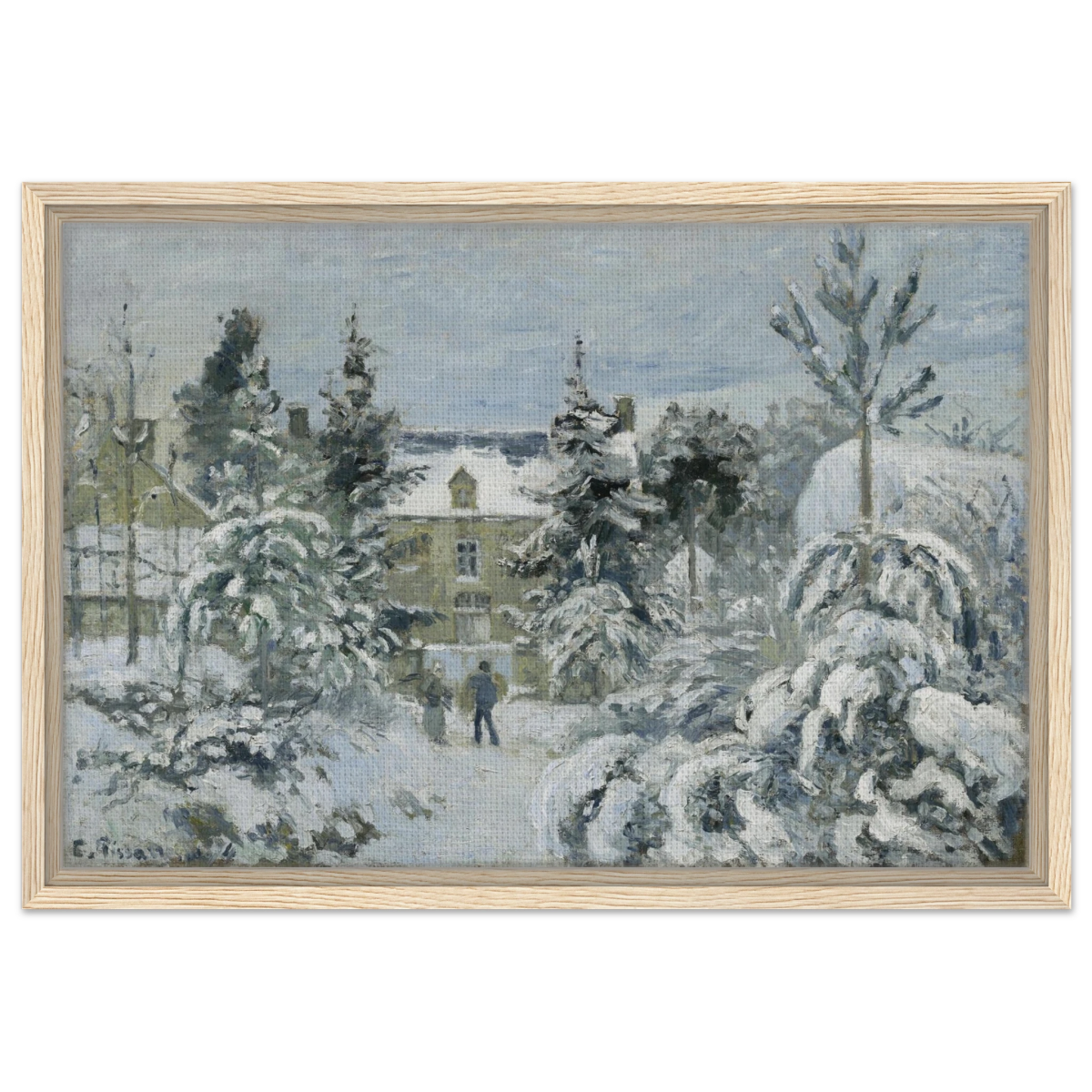 Snow at Éragny – Winter Impressionist Wall Art Print by Camille Pissarro - Framed Canvas - 40x60 cm / 16x24″ - Wood frame