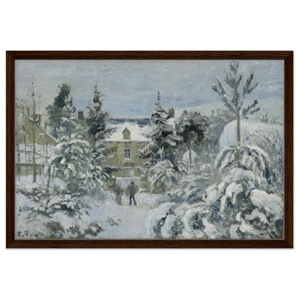 Snow at Éragny – Winter Impressionist Wall Art Print by Camille Pissarro - Framed Canvas - 50x75 cm / 20x30″ - Dark wood frame