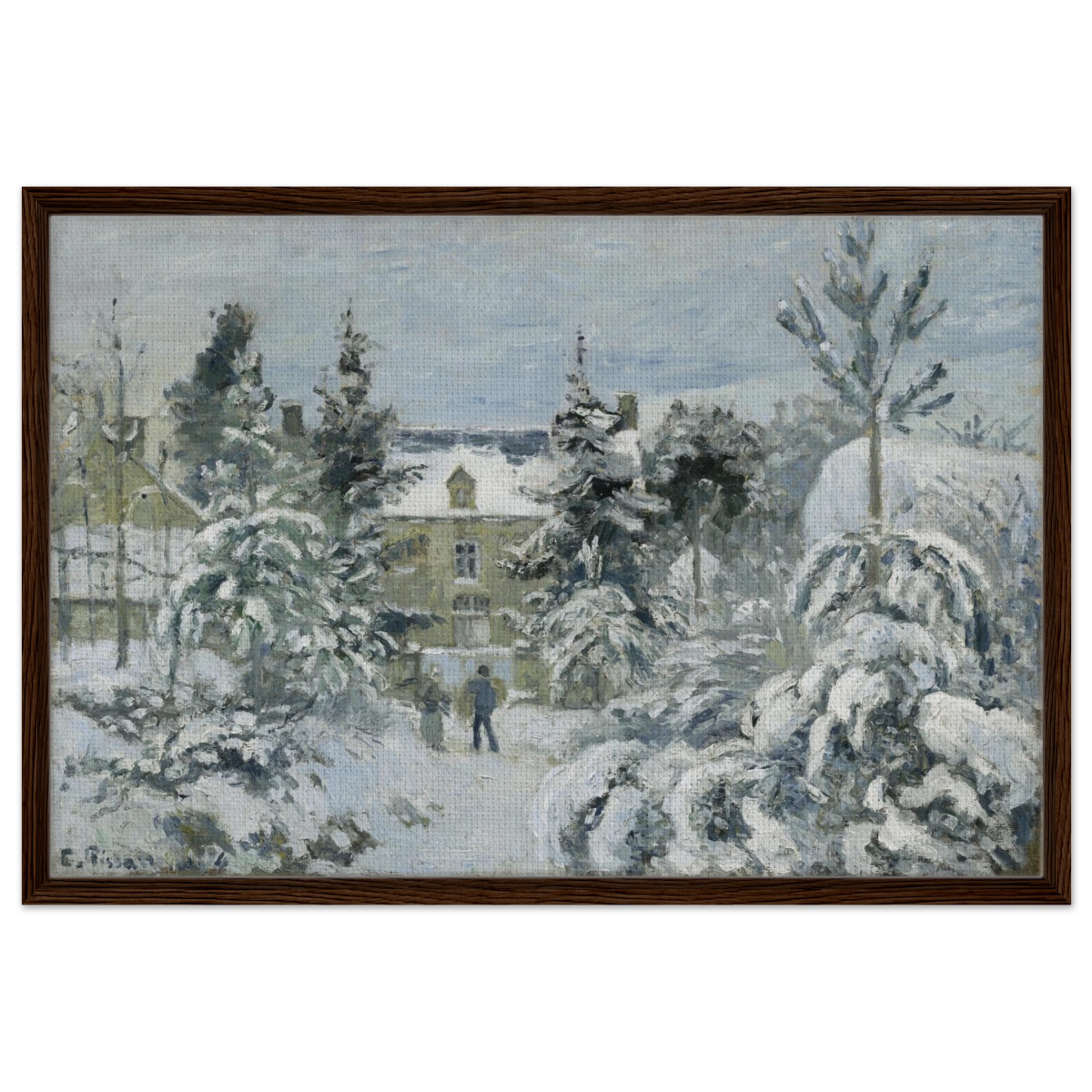 Snow at Éragny – Winter Impressionist Wall Art Print by Camille Pissarro - Framed Canvas - 60x90 cm / 24x36″ - Dark wood frame