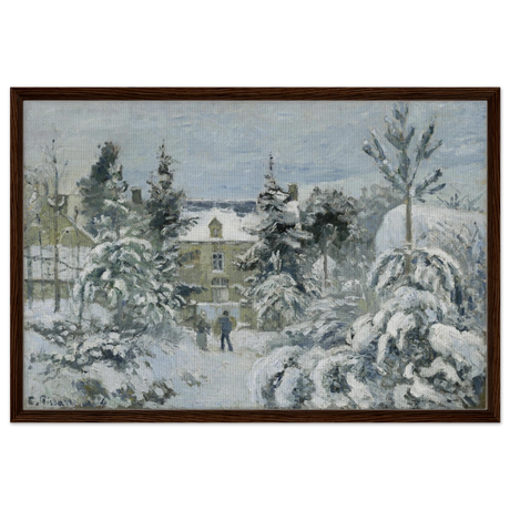 Snow at Éragny – Winter Impressionist Wall Art Print by Camille Pissarro - Framed Canvas - 60x90 cm / 24x36″ - Dark wood frame