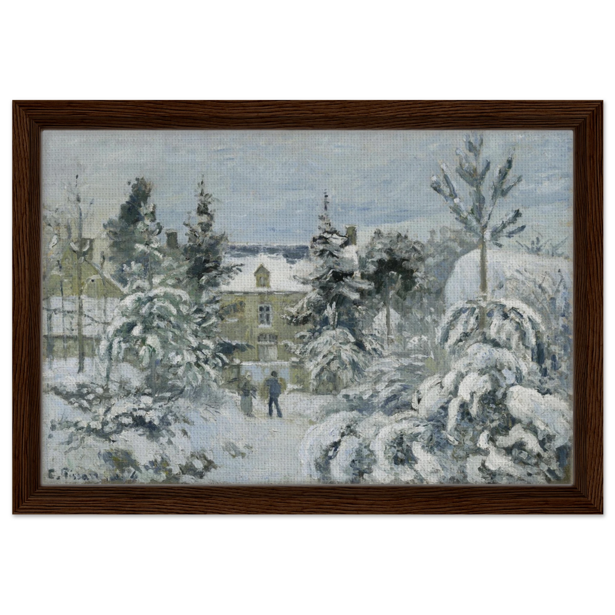 Snow at Éragny – Winter Impressionist Wall Art Print by Camille Pissarro - Framed Canvas - 30x45 cm / 12x18″ - Dark wood frame