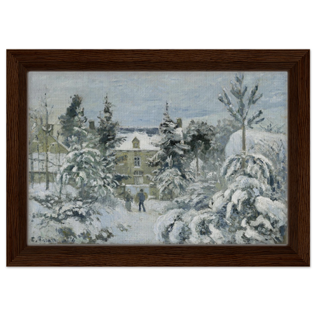 Snow at Éragny – Winter Impressionist Wall Art Print by Camille Pissarro - Framed Canvas - 20x30 cm / 8x12″ - Dark wood frame