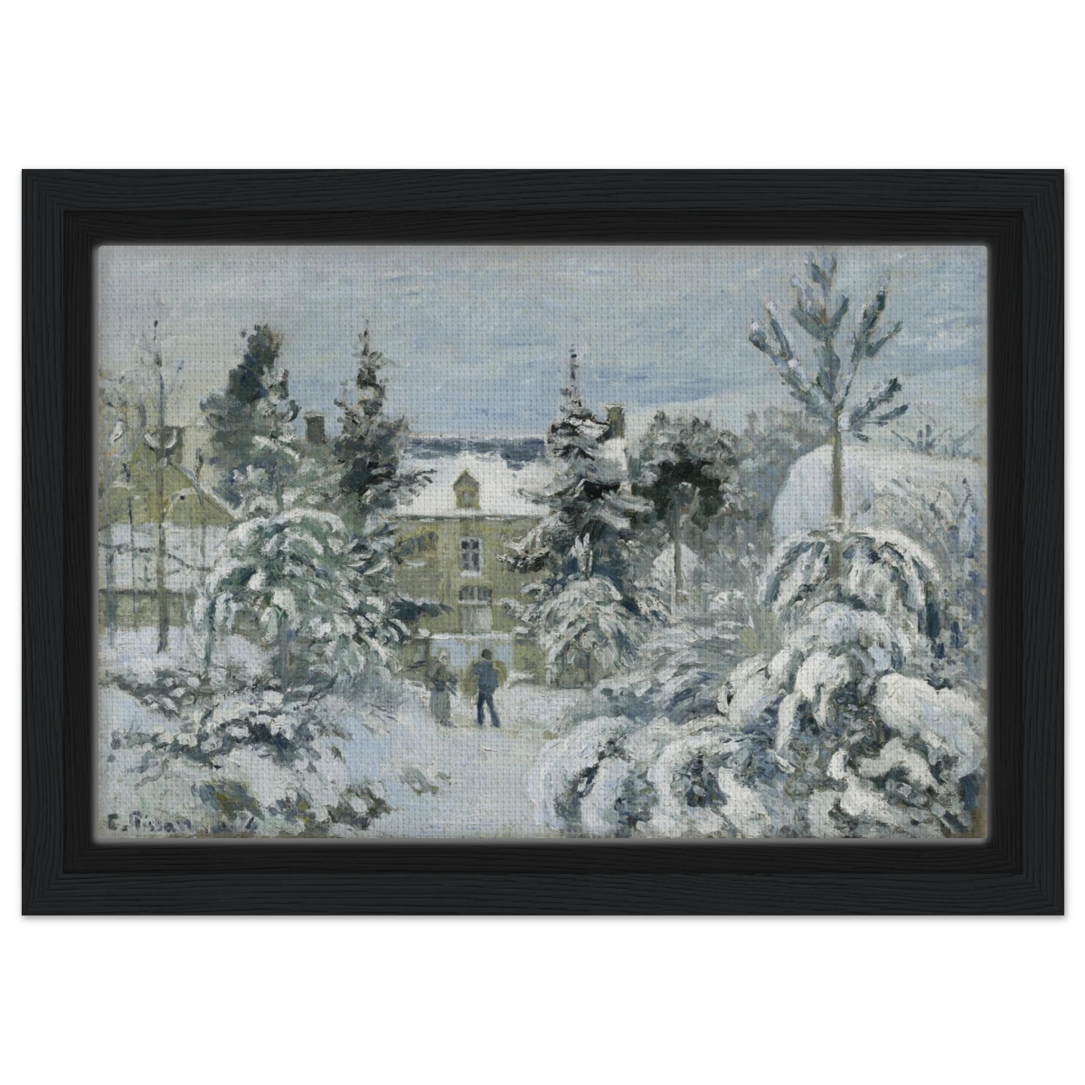 Snow at Éragny – Winter Impressionist Wall Art Print by Camille Pissarro - Framed Canvas - 20x30 cm / 8x12″ - Black frame